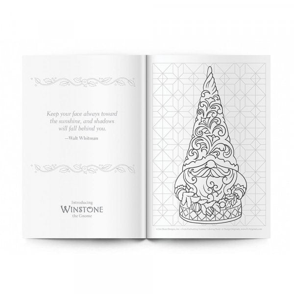 Enchanting Gnomes Colouring Books  This new colouring book for adults by award-winning artist Jim Shore is filled with more than 30 stunning designs of the most beloved character in folklore: gnomes. Coloring book by famed American artist and gift industry icon, Jim Shore, with a focus on beloved gnomes.