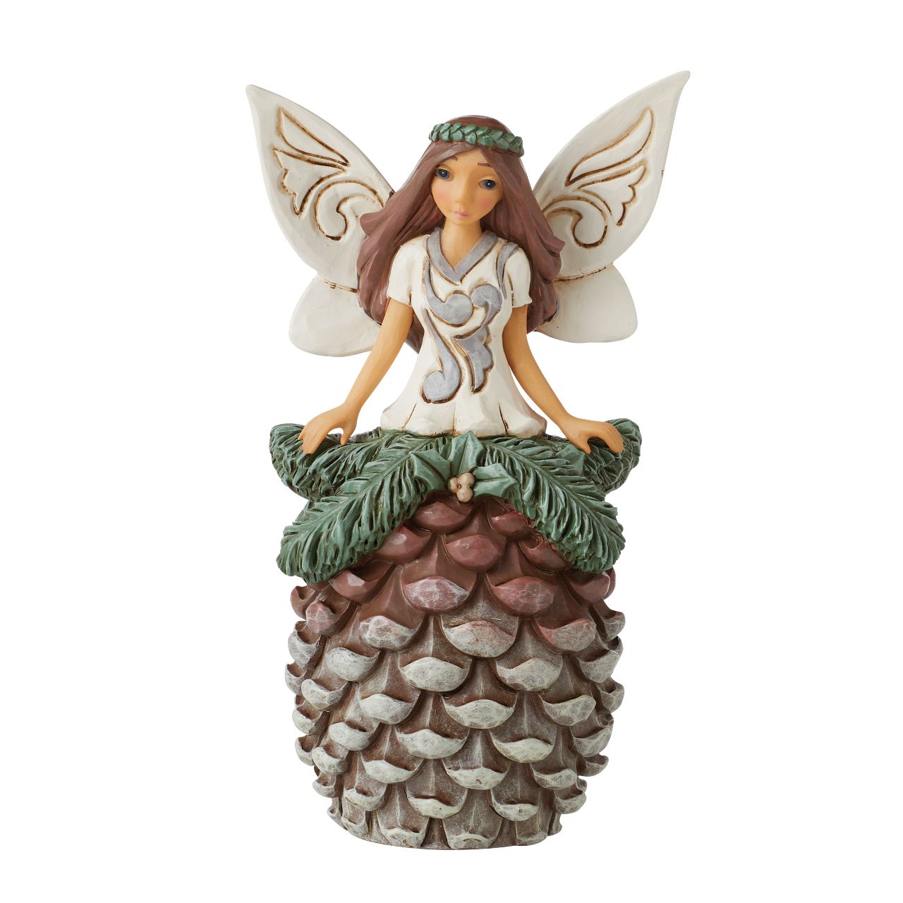 Fairy with Pinecone Skirt Figurine by Jim Shore  Always believe and if not then at the very least enjoy the whimsical beauty of fairy's. This new collection of whimsical woodland fairies brings some magic to the White Woodland Collection and is sure to be a collectors favourite.
