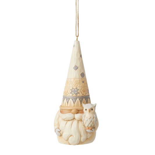 Gnome with Owl Hanging Ornament by Jim Shore  The White Woodland Collection; Intricate Jim Shore designs, with soft neutral colour palette suitable for many styles of home décor. This delightful Gnome Hanging Ornament is the perfect addition to any tree.