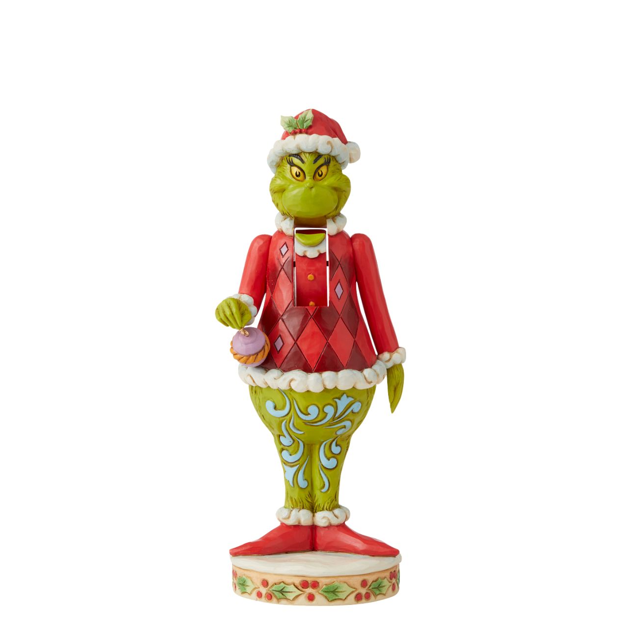 Grinch Nutcracker Figurine - The Grinch by Jim Shore  Marrying two beloved holiday figures, Jim Shore creates a Grinch Nutcracker that captures the grump in all his glory. With holly brimmed in his Santa hat, no one dares kiss this Christmas curmudgeon for fear of being cracked across the face.