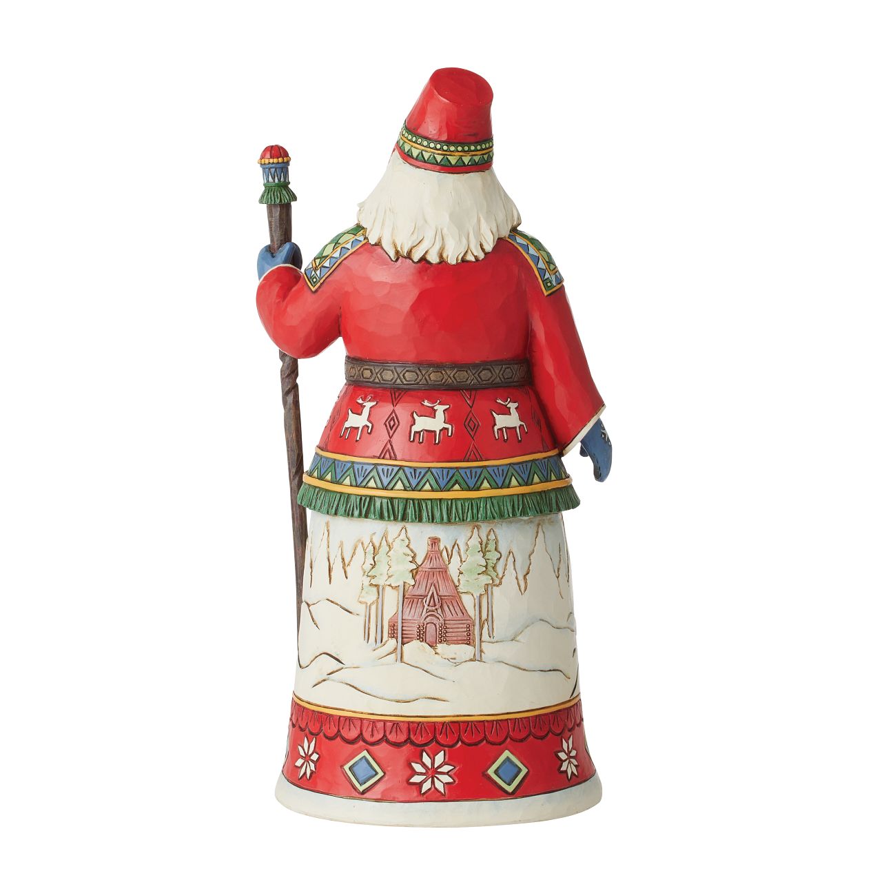 Traditional Heartwood Creek Collection Annual Lapland Santa Figurine  Wood carved textures and intricately detailed designs. Unique, sometimes surprising combinations of colours - often incorporating a touch of Jim's favourite colour - purple. This years annual Lapland Santa showcases a delightful scene of Santa in his Sleigh being pulled by a very proud Reindeer through a magical winter wonderland.