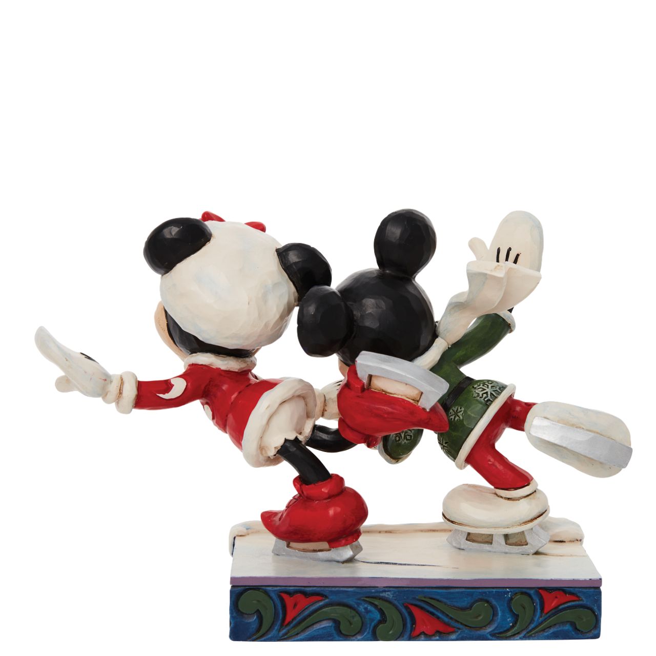 Jim Shore Mickey and Minnie Ice Skating Figurine  Skating together, Mickey and Minnie Mouse warm the winter with their timeless love story. Hand in hand the pair enjoy each other's company in stunning snowflake tunics in this Jim Shore creation.
