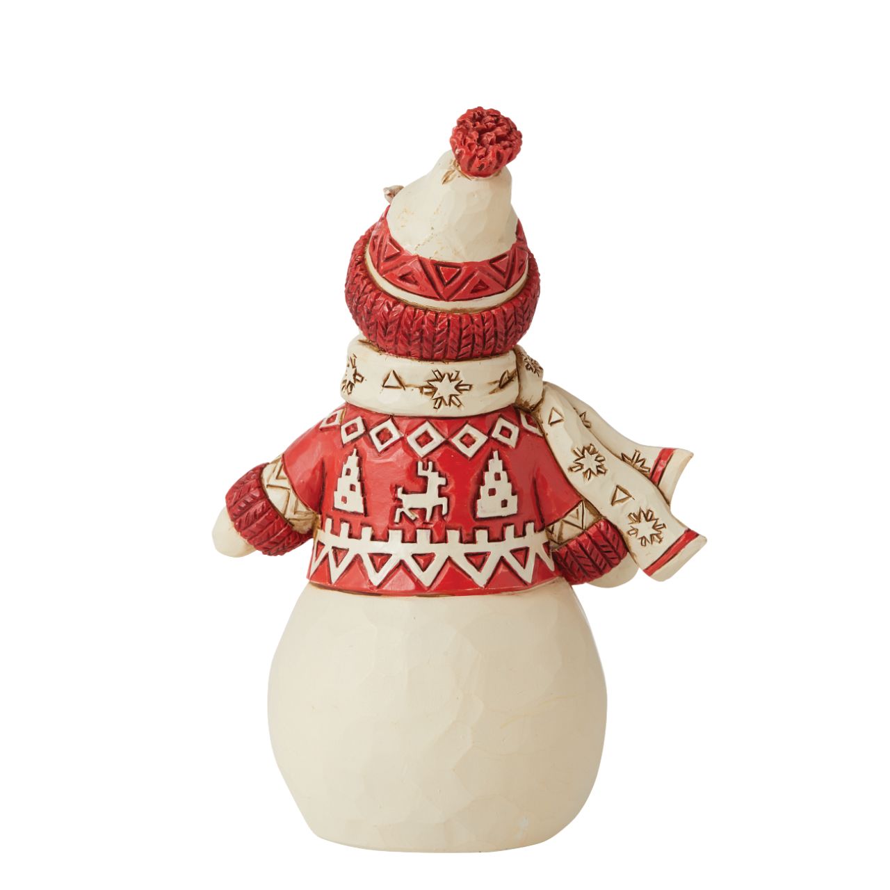 Jim Shore Nordic Noel Collection Snowman Figurine  The Nordic Noel Collection showcases a modern twist on Jim Shores whimsical designs; Contrasting red and white colours in Scandinavian patterns, turkey red and Danish architectural trim.