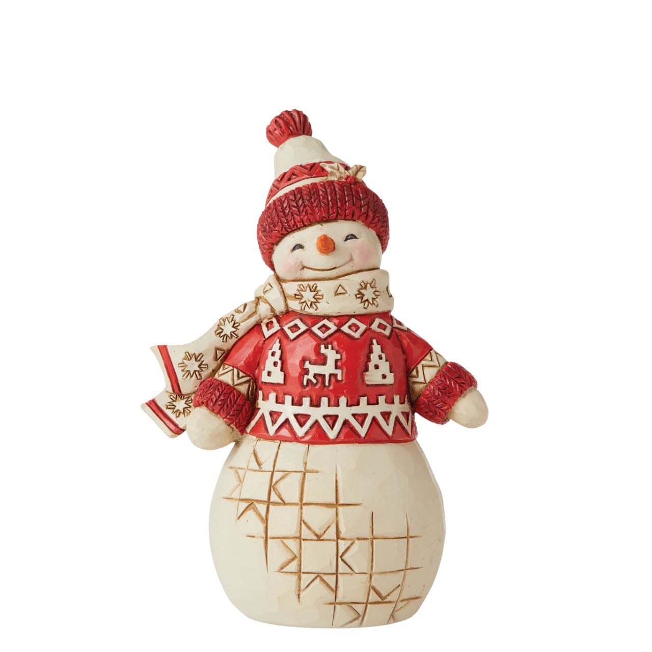 Jim Shore Nordic Noel Collection Snowman Figurine  The Nordic Noel Collection showcases a modern twist on Jim Shores whimsical designs; Contrasting red and white colours in Scandinavian patterns, turkey red and Danish architectural trim.