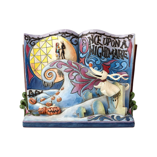 Jim Shore Once Upon A Nightmare Storybook Nightmare Before Christmas  In this beautiful hand-painted storybook scene, Zero looks up at Jack and Sally in this iconic scene from Disney's Nightmare Before Christmas. Available only from the Disney Traditions brand.