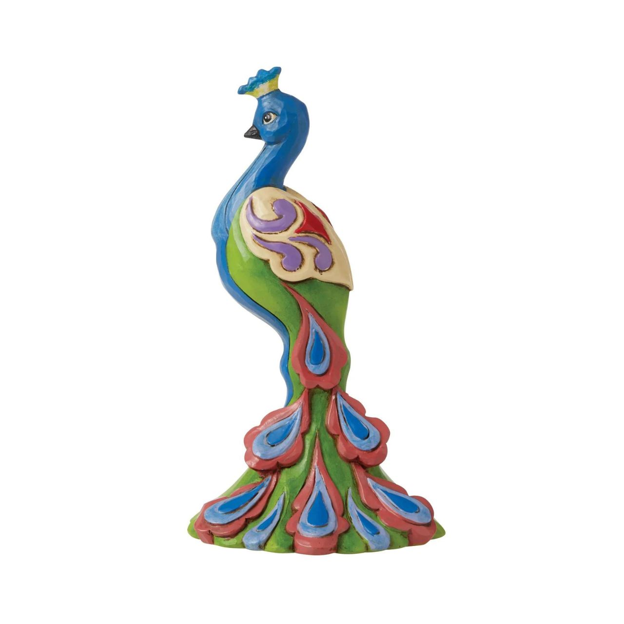 Peacock Mini Figurine  Handcrafted in breath-taking detail, this delightful Peacock Mini Figurine is beautifully decorated in Jim Shore's subtle combination of traditional quilt. These charming friends of the animal kingdom bring a small dose of delight into your home with sweet dispositions and delicate craftsmanship.