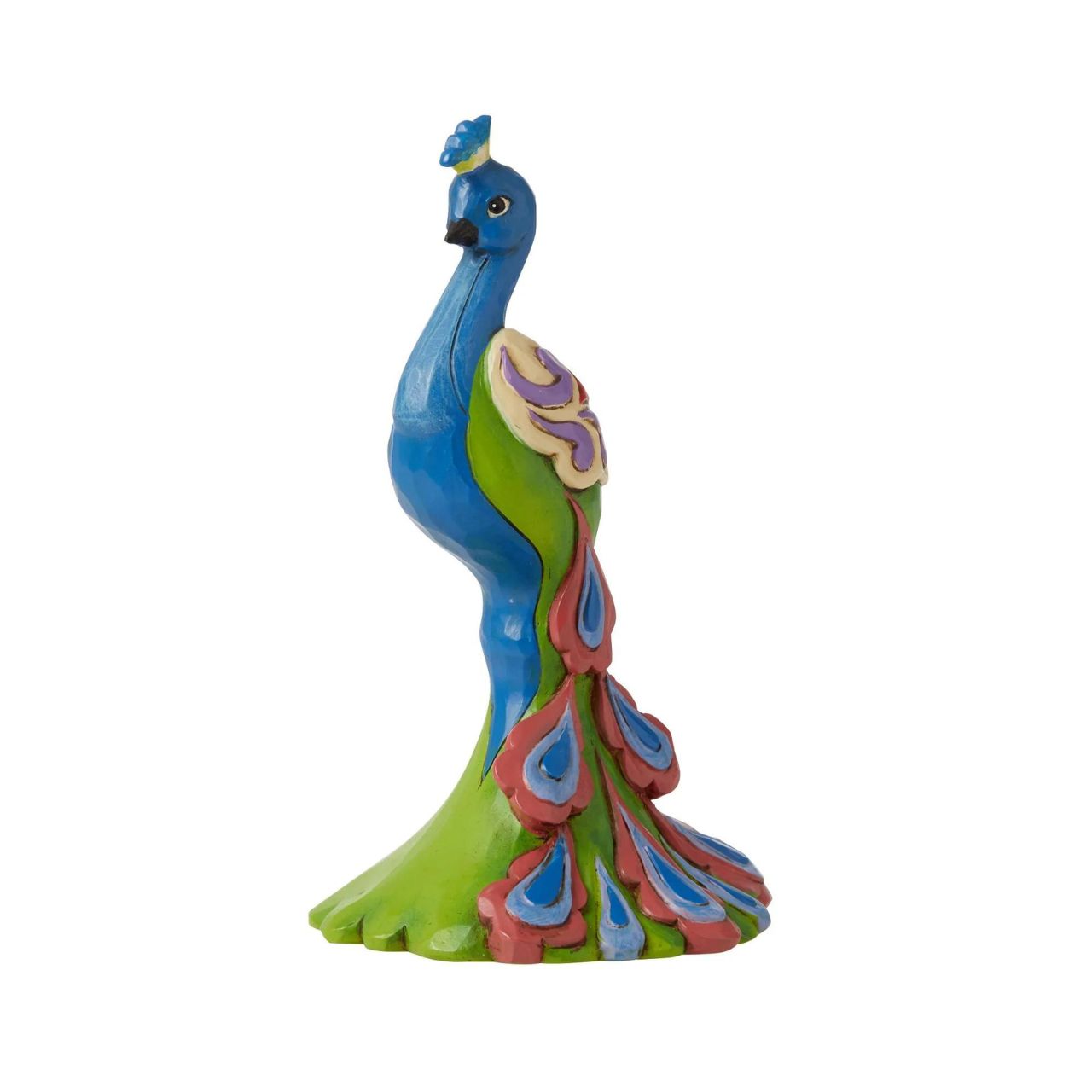 Peacock Mini Figurine  Handcrafted in breath-taking detail, this delightful Peacock Mini Figurine is beautifully decorated in Jim Shore's subtle combination of traditional quilt. These charming friends of the animal kingdom bring a small dose of delight into your home with sweet dispositions and delicate craftsmanship.
