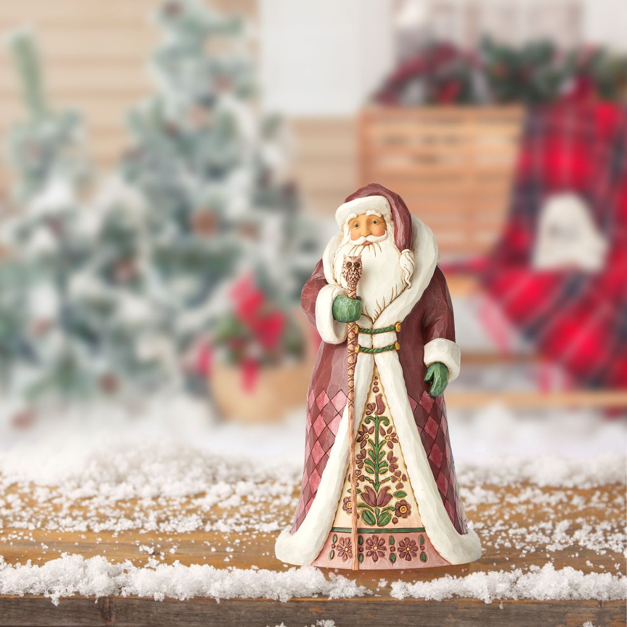 Jim Shore Heartwood Creek Quietly He Comes - Regal Santa  Handcrafted in incredible detail, this colourful Regal Santa with his Owl Cane features Jim Shore's signature combination of patterns inspired by quilting and authentic design drawn from the folk-art tradition known as Pennsylvania Dutch.