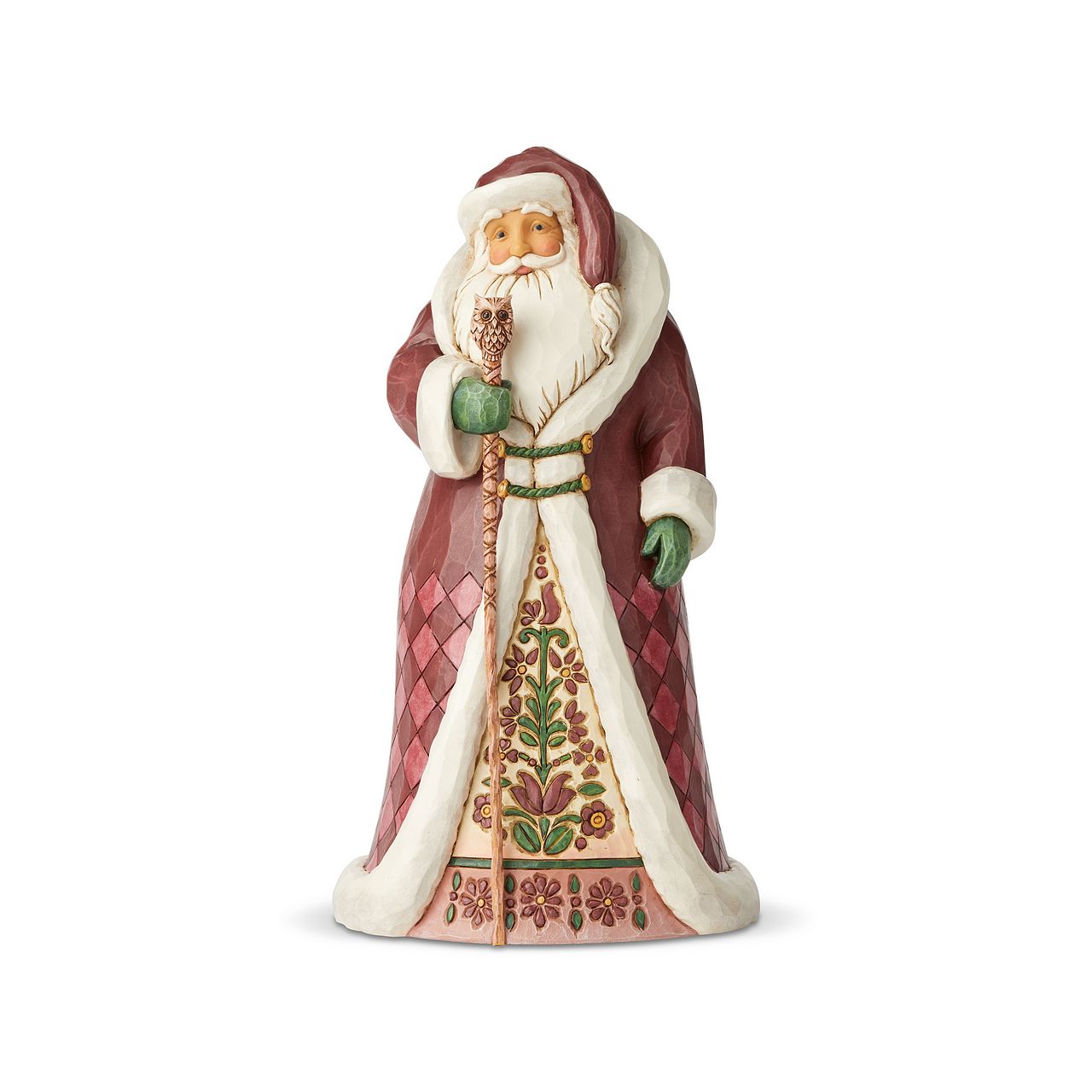 Jim Shore Heartwood Creek Quietly He Comes - Regal Santa  Handcrafted in incredible detail, this colourful Regal Santa with his Owl Cane features Jim Shore's signature combination of patterns inspired by quilting and authentic design drawn from the folk-art tradition known as Pennsylvania Dutch.
