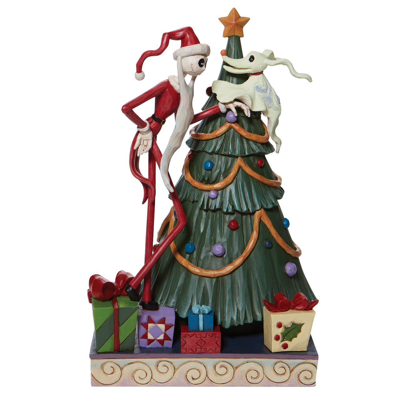 Nightmare Before Christmas Santa Jack with Zero by Tree Figurine  "Decking the Halls" Dressed as Santa Claus, Jack Skellington and his glow in the dark dog, Zero, gather around the Christmas tree. Will Jack steal the presents or will he be inspired by the giving season?