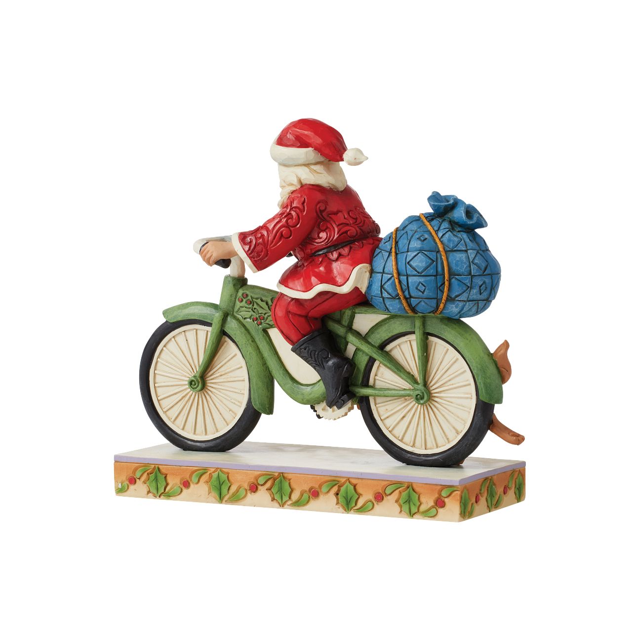 Jim Shore Heartwood Creek Santa Riding Bike Figurine  Traditional Heartwood Creek Collection; Wood carved textures and intricately detailed designs. Unique, sometimes surprising combinations of colours - often incorporating a touch of Jim's favourite colour - purple. Here we have Santa riding a bike with his trusty canine friend by his side.