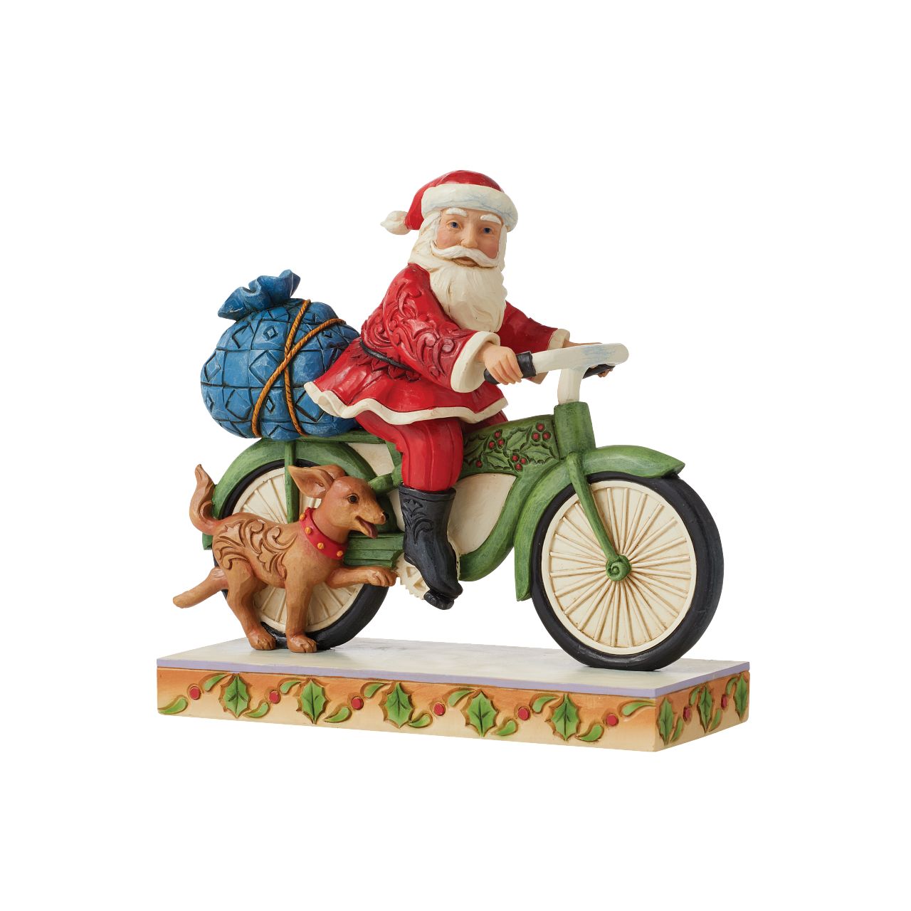 Jim Shore Heartwood Creek Santa Riding Bike Figurine  Traditional Heartwood Creek Collection; Wood carved textures and intricately detailed designs. Unique, sometimes surprising combinations of colours - often incorporating a touch of Jim's favourite colour - purple. Here we have Santa riding a bike with his trusty canine friend by his side.