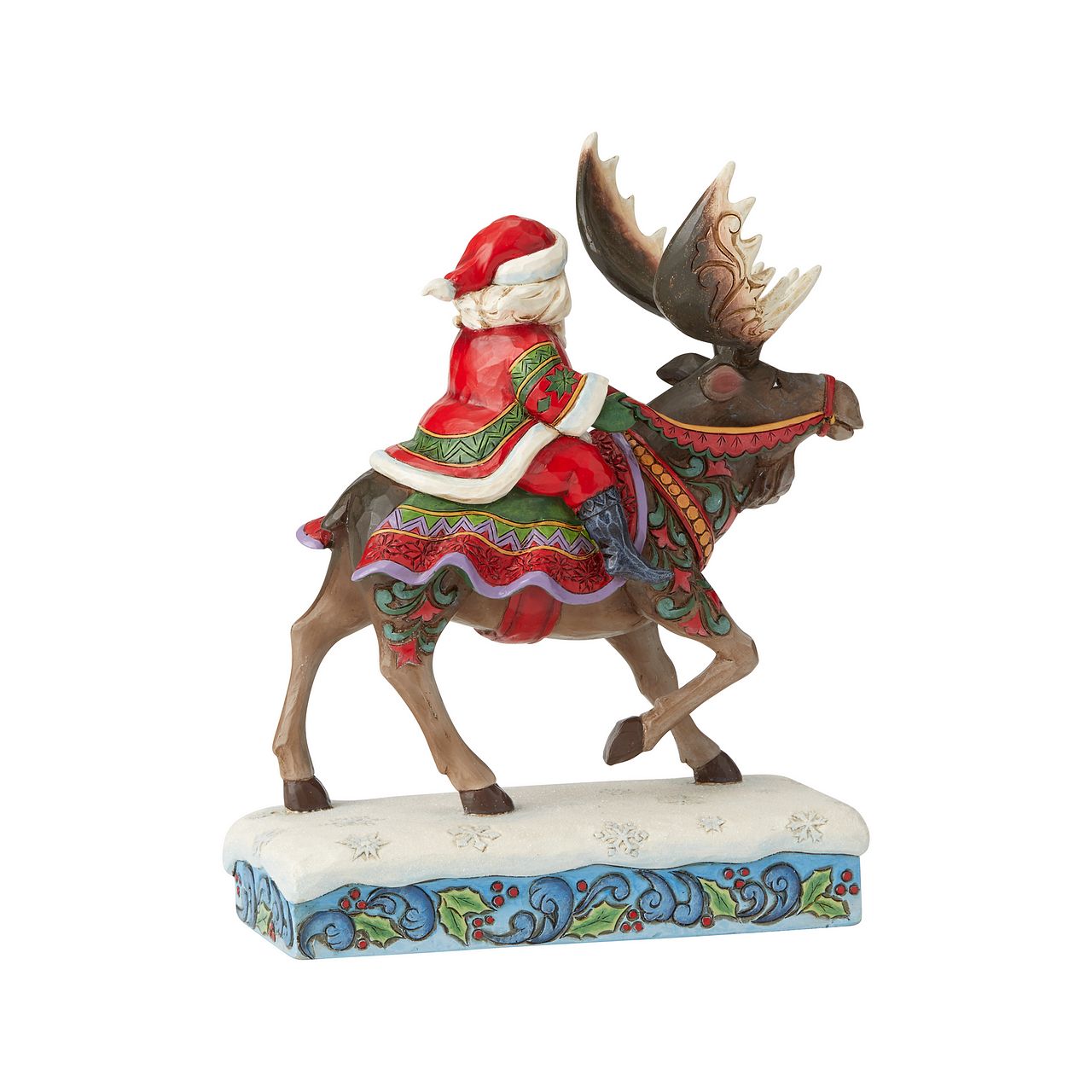 Jim Shore Heartwood Creek Merry Christ-Moose - Santa Riding Moose Figurine  Santa rides through the night on a magnificent Moose in this beautifully handcrafted piece from Jim Shore. This colourful scene of Santa on the move features Jim's signature combination of intricate folk-art design.