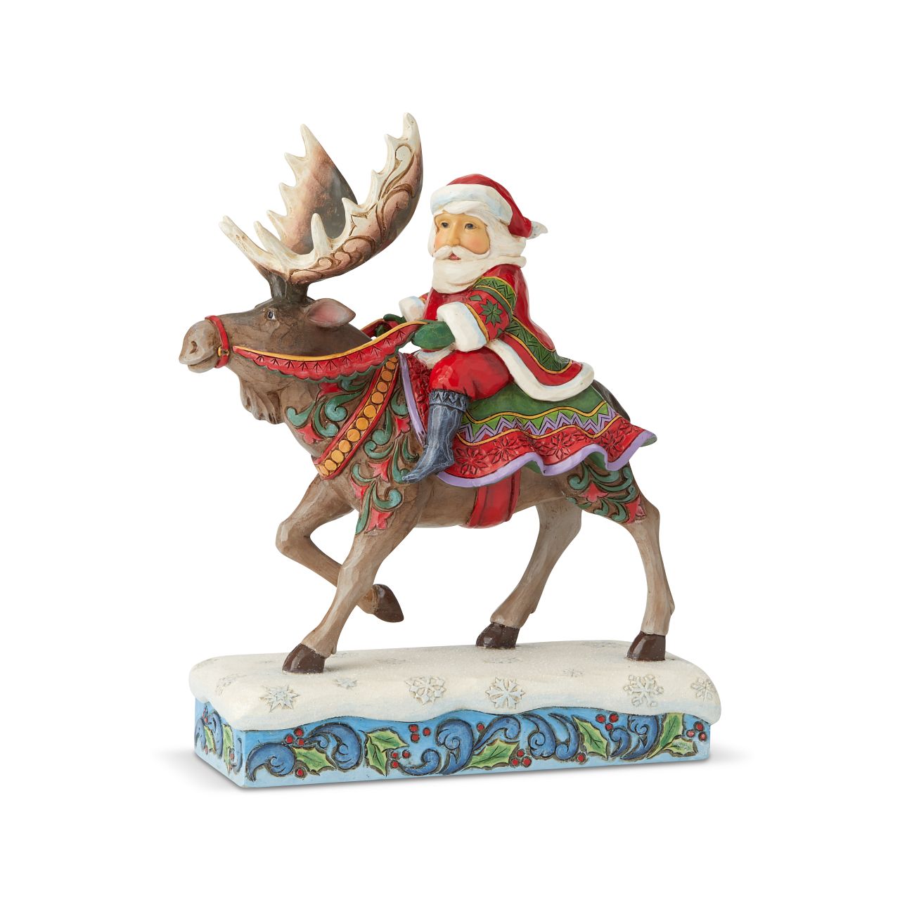 Jim Shore Heartwood Creek Merry Christ-Moose - Santa Riding Moose Figurine  Santa rides through the night on a magnificent Moose in this beautifully handcrafted piece from Jim Shore. This colourful scene of Santa on the move features Jim's signature combination of intricate folk-art design.