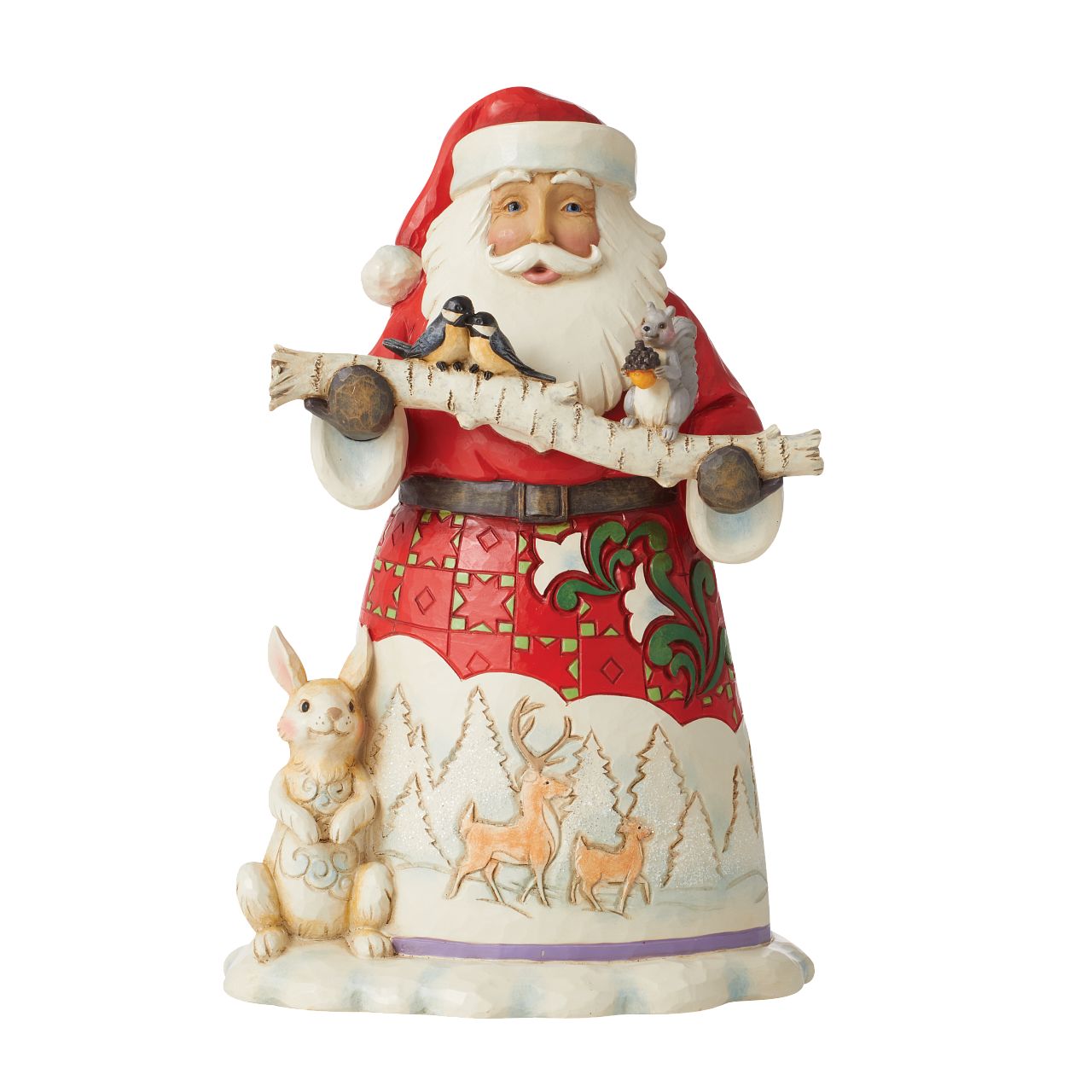 Jim Shore Santa With Birch Branch and Animals Figurine A woodland Santa has a bunny at his feet and holds a birch branch with tiny birds perched on it in this sweet Jim Shore figurine. Santa's cloak features an intricately designed design of deer in a winter landscape. 