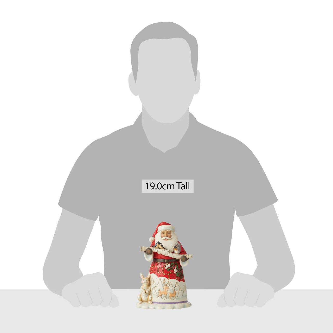 Jim Shore Santa With Birch Branch and Animals Figurine A woodland Santa has a bunny at his feet and holds a birch branch with tiny birds perched on it in this sweet Jim Shore figurine. Santa's cloak features an intricately designed design of deer in a winter landscape. 