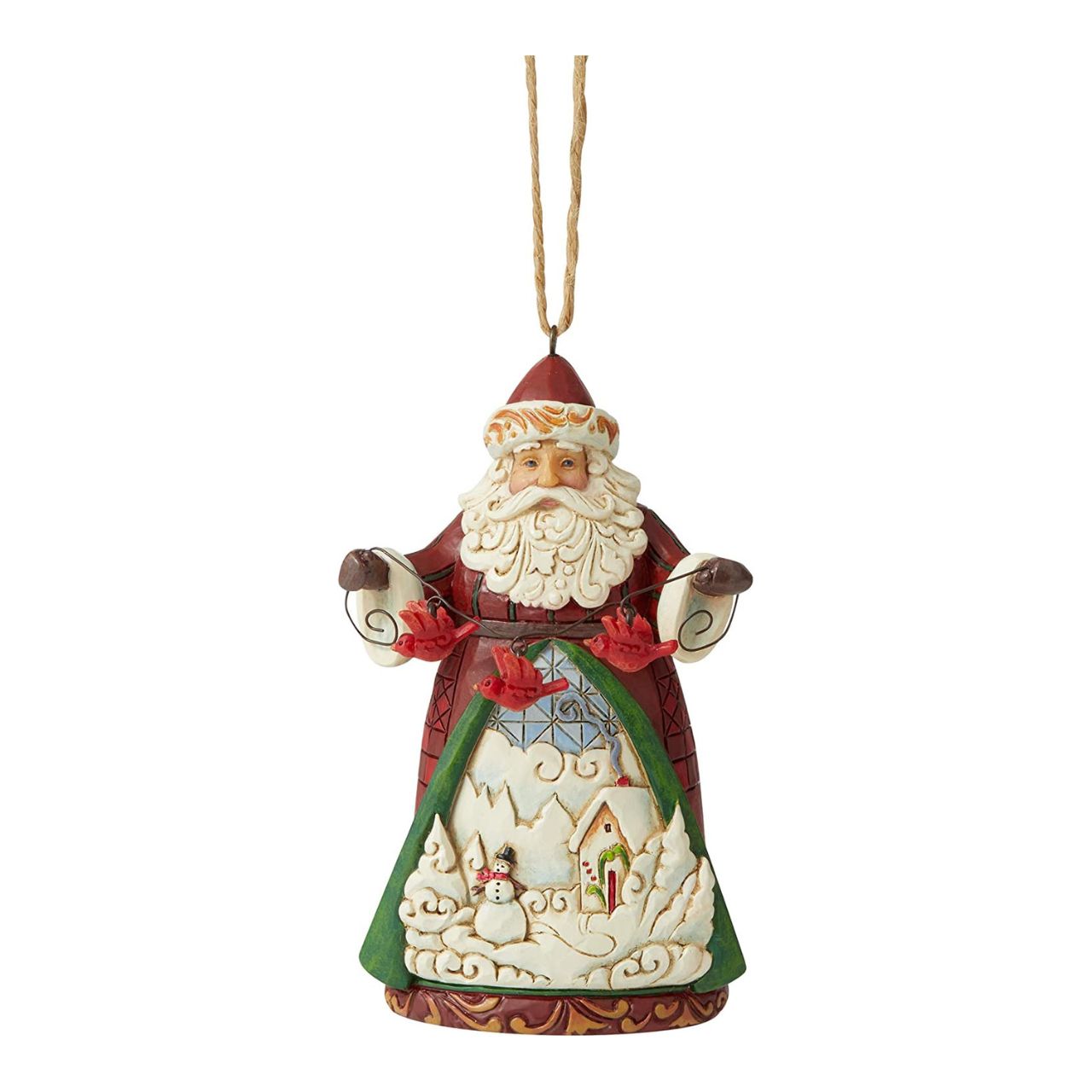 Jim Shore Heartwood Creek Santa with Cardinals Hanging Ornament  Designed by award-winning artist and sculptor Jim Shore for Heartwood Creek. Ornament hangs by jute rope and features a handcrafted look. Item is packed in a branded craft box.