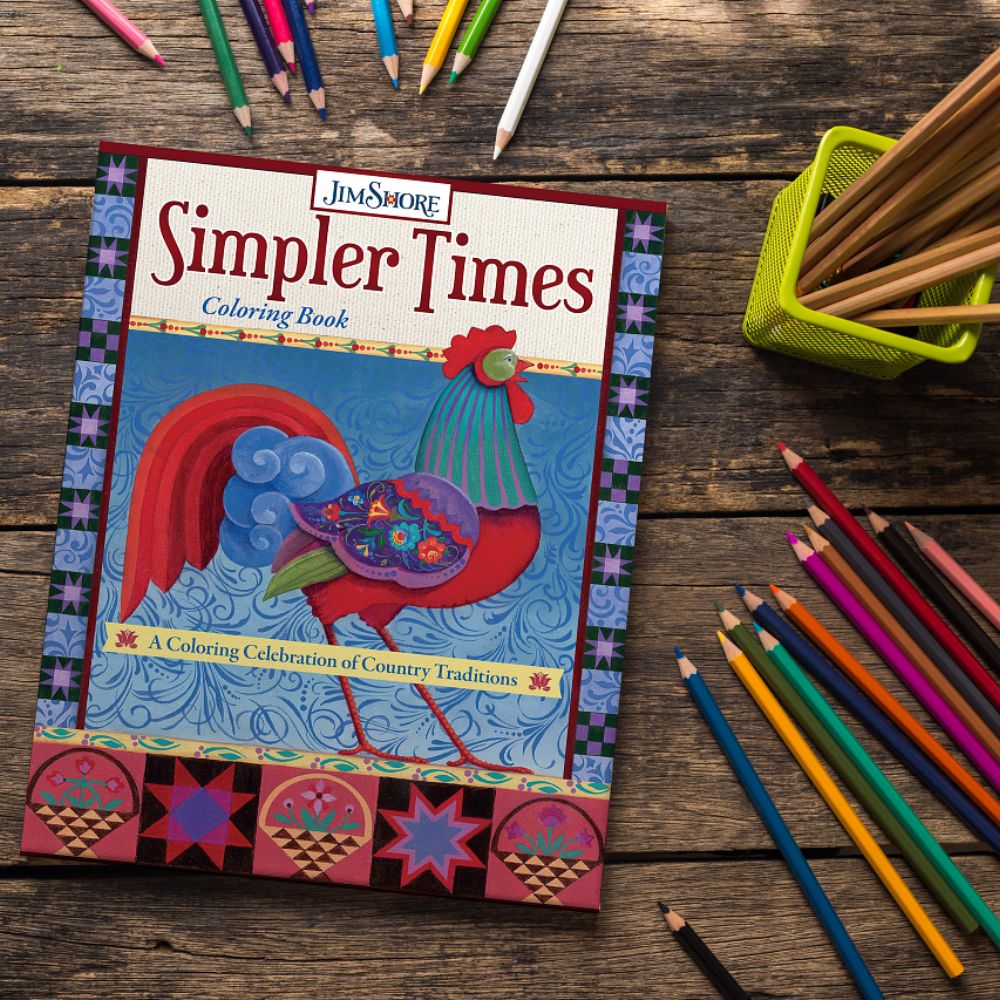 Simpler Times Colouring Book  The first-ever adult colouring book featuring Jim Shore's original artwork based on tradition, family, and love of country. This Simpler Times Colouring Book is filled with more than 30 folk art-inspired designs that include birds, roosters, village scenes, covered bridges, farms, angels, and more. 