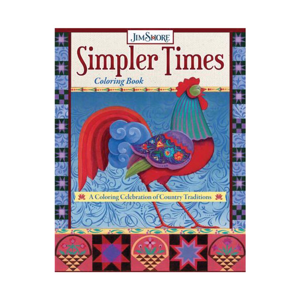 Simpler Times Colouring Book  The first-ever adult colouring book featuring Jim Shore's original artwork based on tradition, family, and love of country. This Simpler Times Colouring Book is filled with more than 30 folk art-inspired designs that include birds, roosters, village scenes, covered bridges, farms, angels, and more. 