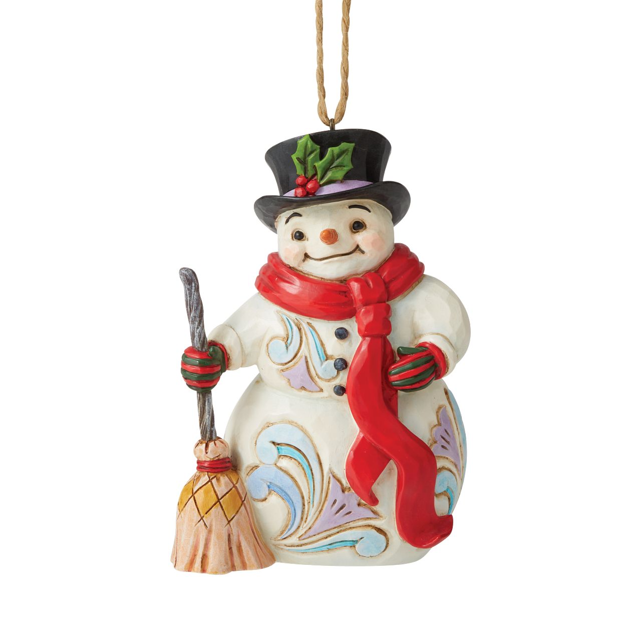 Jim Shore Heartwood Creek Snowman Scarf and Broom Hanging Ornament  Designed by award-winning artist and sculptor Jim Shore for Heartwood Creek. Ornament hangs by jute rope and features a handcrafted look.