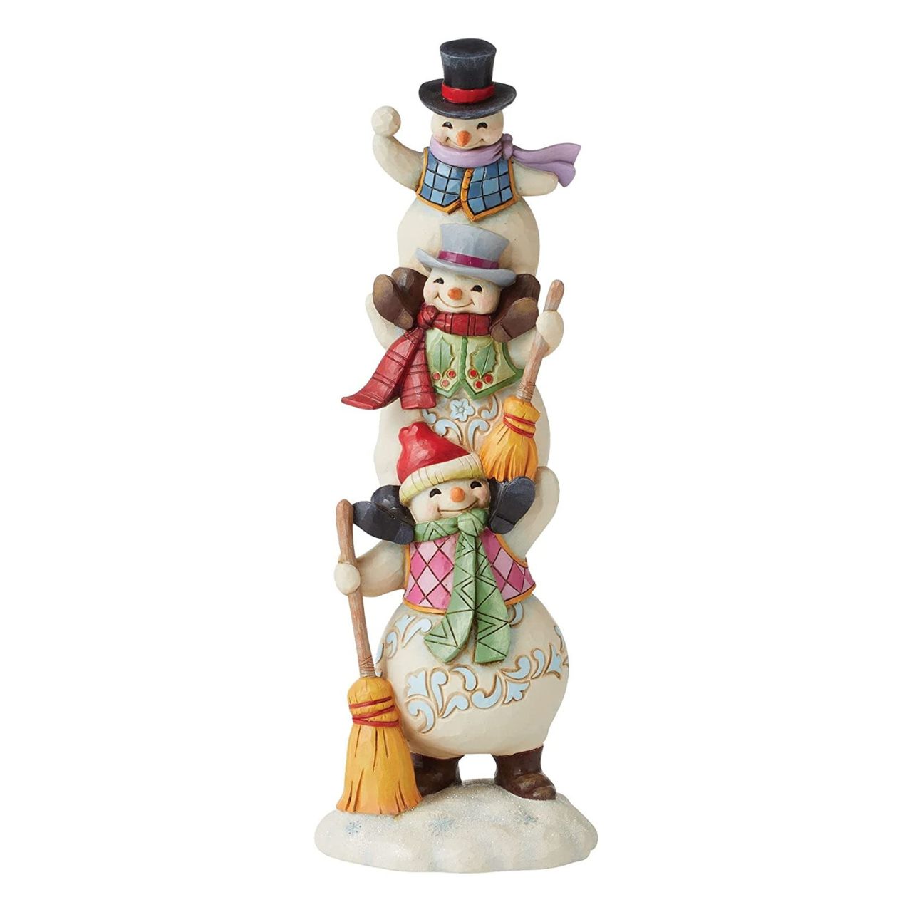 Stacked Snowmen Figurine - Heartwood Creek Collection  Traditional Heartwood Creek Collection; Wood carved textures and intricately detailed designs. Unique, sometimes surprising combinations of colours - often incorporating a touch of Jim's favourite colour - purple.