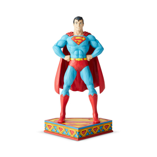 Jim Shore Man of Steel (Superman Silver Age Figurine)  DC Comics Justice League is a comprised of the worlds most iconic superheroes. Jim Shore celebrates Superman in an iconic pose in his signature wood carved look and folk art styling.