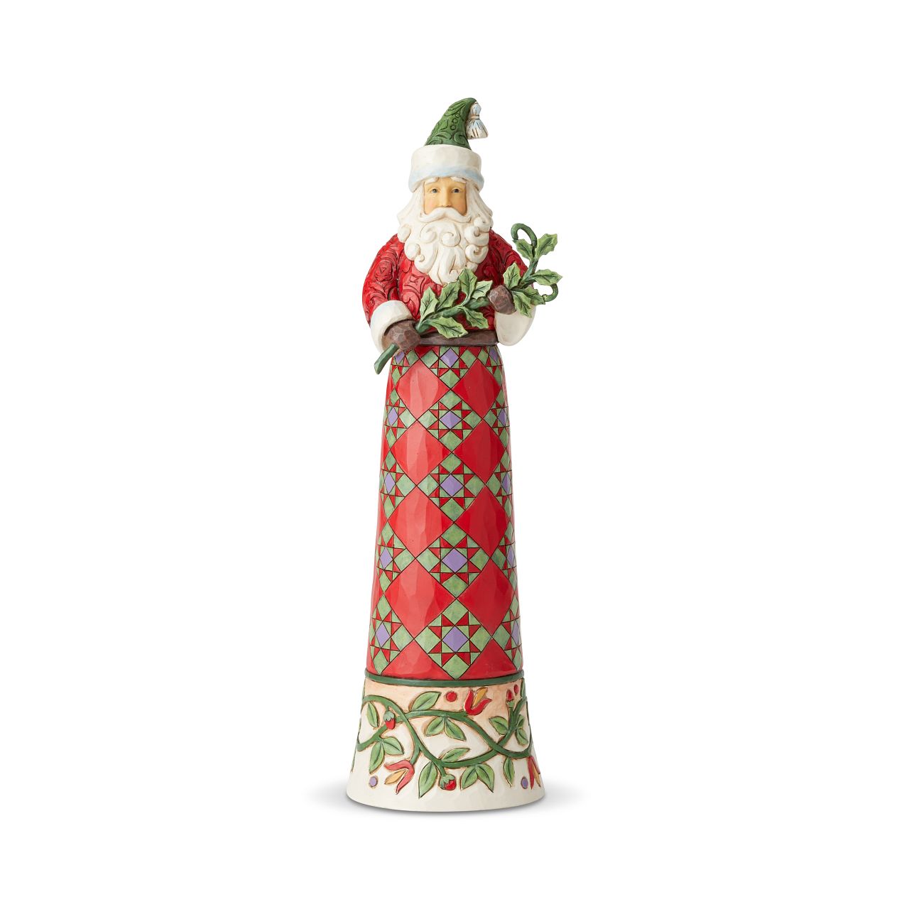 Jim Shore Tall Santa Making Spirits Splendid Figurine  This elegantly proportioned Tall Santa with Branch features a robe decorated with Jim Shore's signature eight-pointed star quilt block patterns accented with a hem of intricate interlocking rosemaling design.