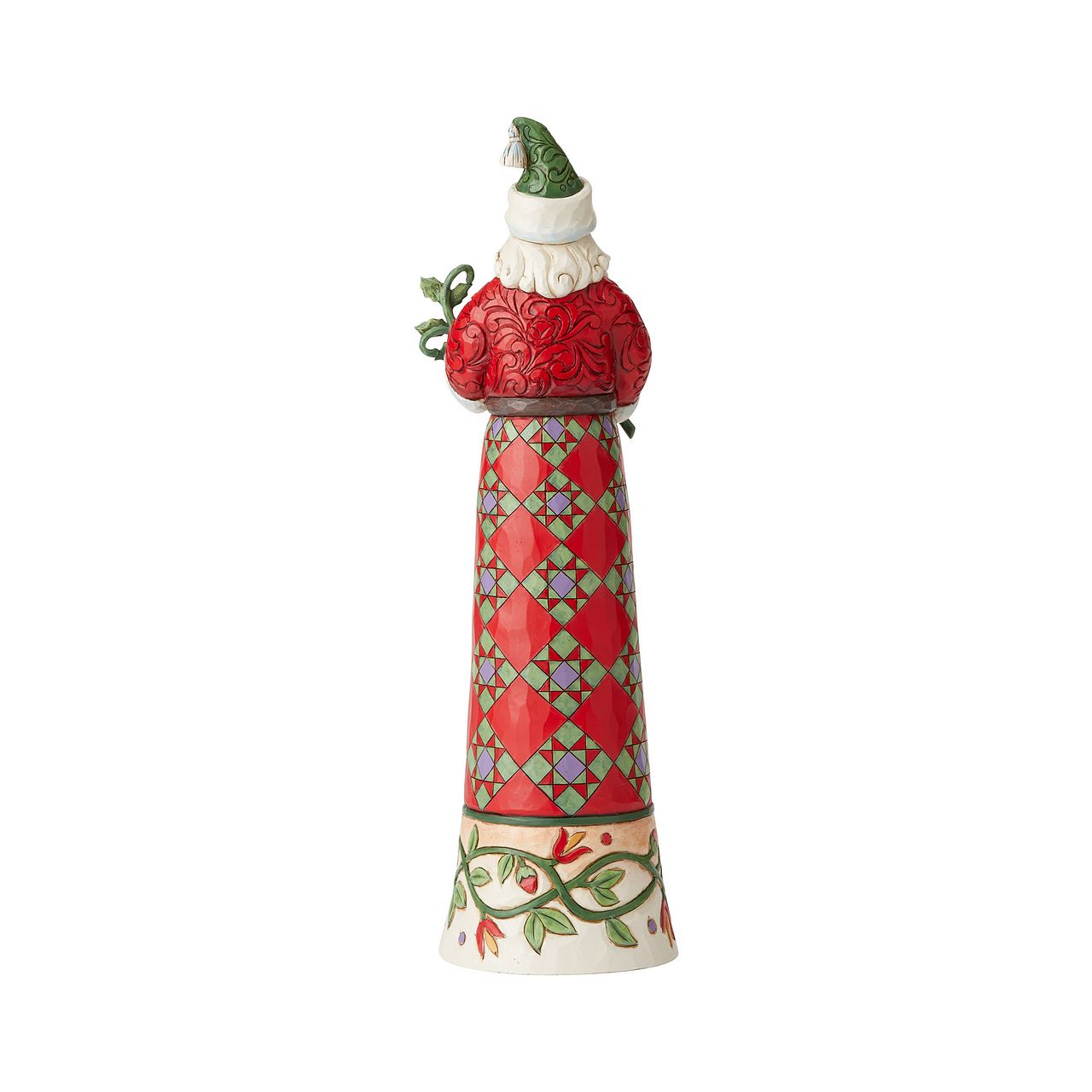 Jim Shore Tall Santa Making Spirits Splendid Figurine  This elegantly proportioned Tall Santa with Branch features a robe decorated with Jim Shore's signature eight-pointed star quilt block patterns accented with a hem of intricate interlocking rosemaling design.