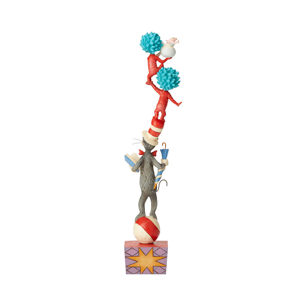 Jim Shore Dr. Seuss The Cat in the Hat and Friends  This Stacked Cat in the Hat features the beloved characters from the iconic children's book perched for destruction. Whimsically decorated with folk-art designs, this precarious totem combines the magic of Dr. Seuss and the artistry of Jim Shore.