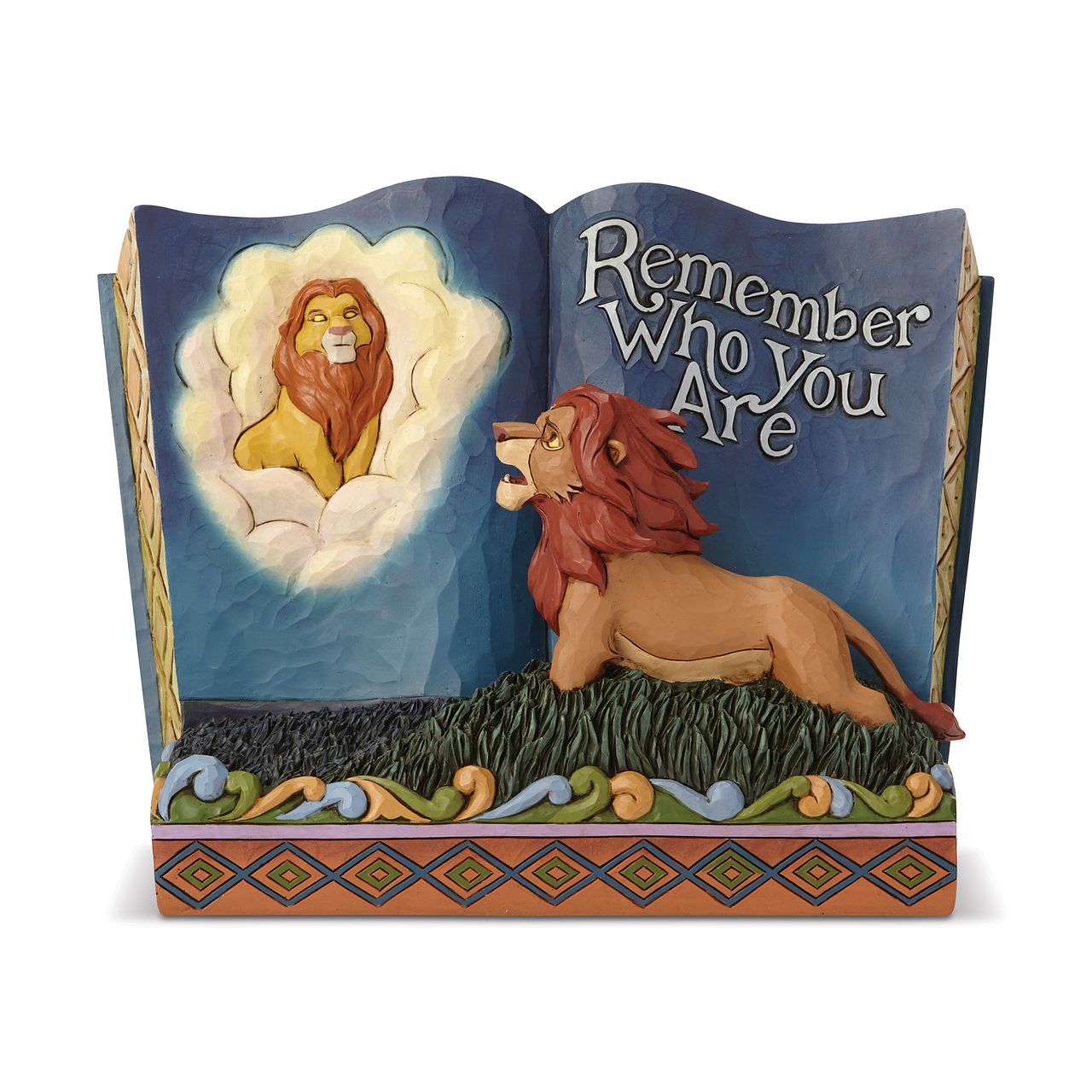 Jim Shore The Lion King Remember Who You Are  Before he lost his father, Simba couldn't wait to be king. After Simba runs away, Mufasa's spirit encourages his son to reclaim his rightful throne. Mufasa will remind you to stay true to yourself with this stunning Lion King storybook designed by Jim Shore.