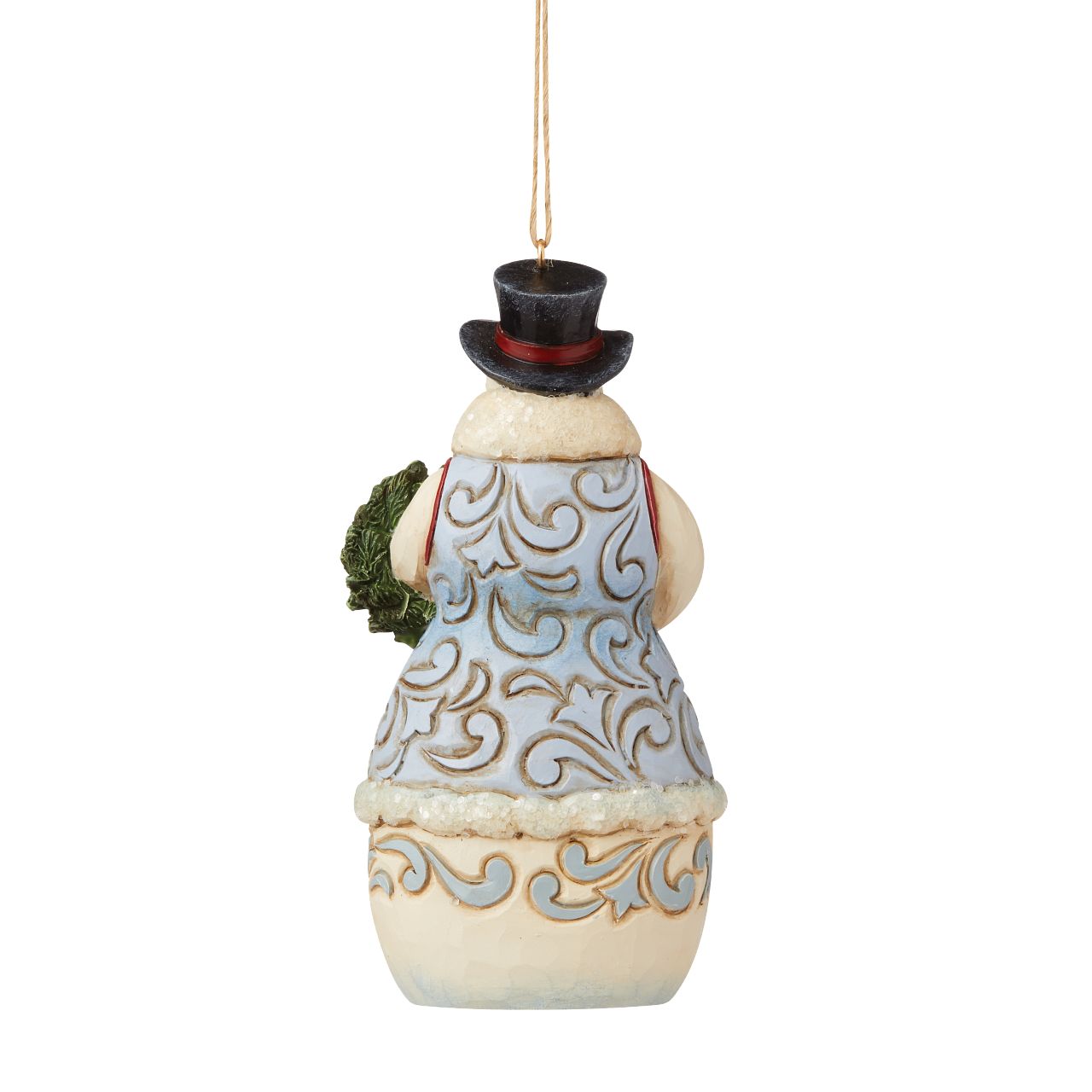 Jim Shore Heartwood Creek Victorian Christmas Snowman with Wreath Hanging Ornament  This Jim Shore Victorian snowman holds a wreath while a timeless winter scene plays across his chest. A smile on his face and a top hat on his head, he is ready for whatever the season brings. This snowman is brimmed in holly and holiday wonder.
