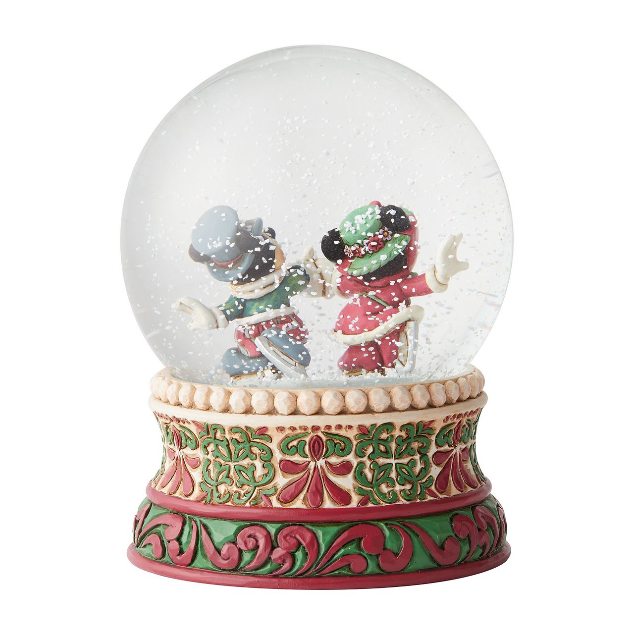 Jim Shore Splendid Skaters - Victorian Mickey and Minnie Mouse Waterball  Mickey and Minnie Mouse are filled with Christmas spirit as they ice skate in this victorian inspired waterball. Unique variations should be expected as this product is hand painted.