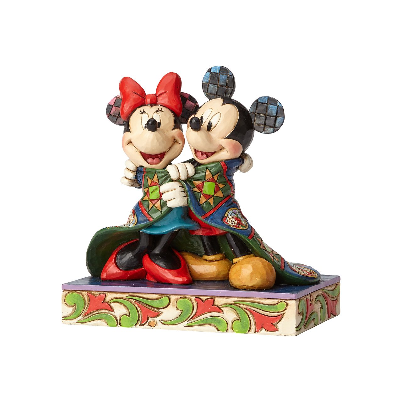 Jim Shore Warm Wishes Mickey and Minnie Mouse Figurine  Remember those cosy winter nights and lazy mornings, lounging in your new Christmas PJ's sipping hot chocolate and watching your favourite Disney film? This was the inspiration for this Mickey Mouse personality pose by Jim Shore. 