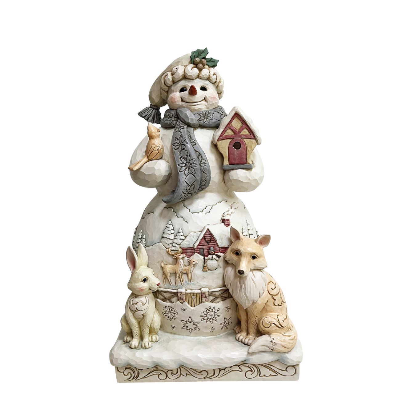 Jim Shore White Woodland Collection Snowman and Animals Statue  The White Woodland Collection showcases Intricate Jim Shore designs, with soft neutral colour palette suitable for many styles of home décor. This Statue size Snowman with woodland animals is the showstopper of this collection and would make the most delightful show stopping feature in any home.