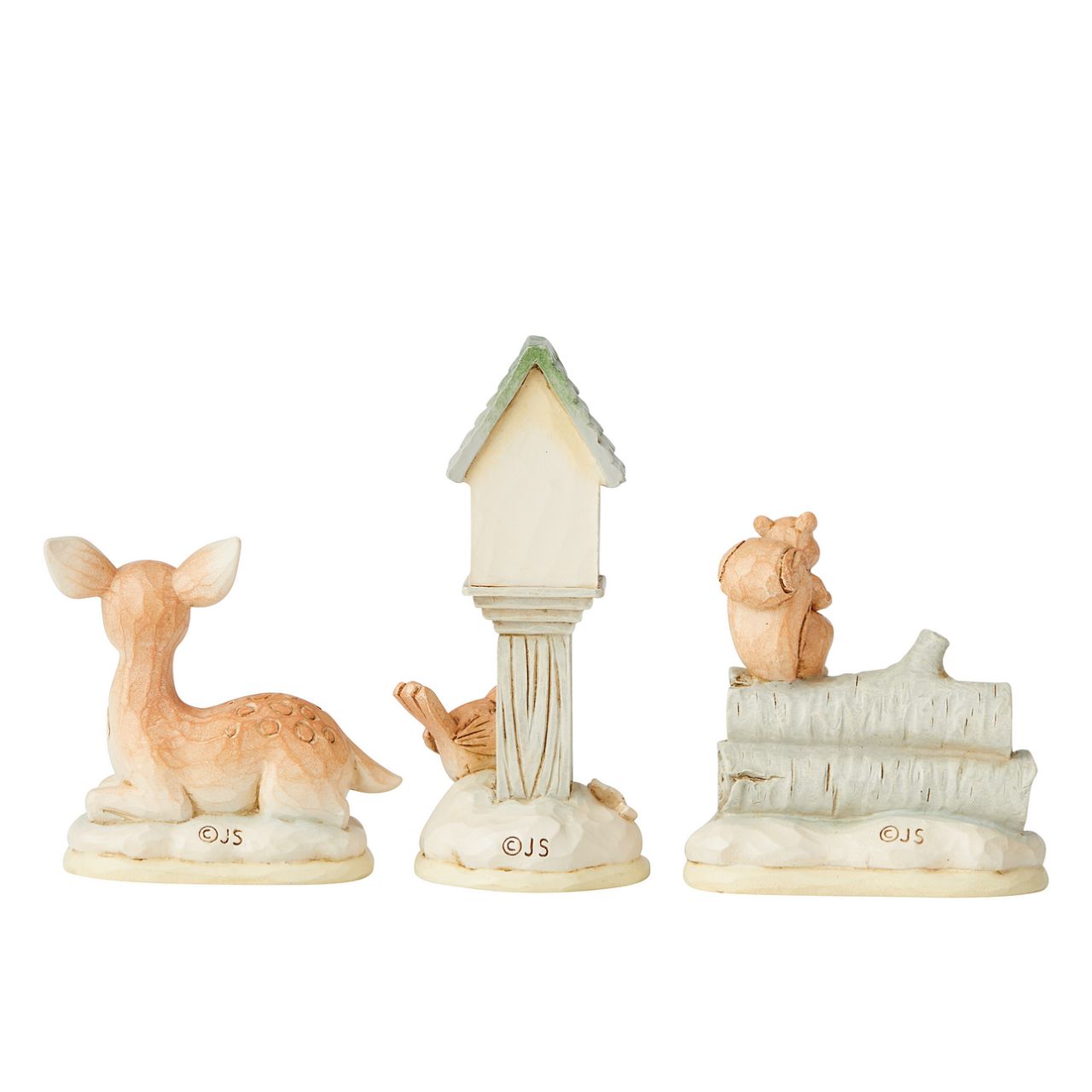 Jim Shore White Woodland Mini Accessory Set of 3  Beautifully decorated in delightful detail, this charming set of three White Woodland forest friends, a Bird with Bird House, a Deer and an adorable Squirrel, feature a wintry colour palette and Jim Shore's whimsical folk art design with holiday accents.