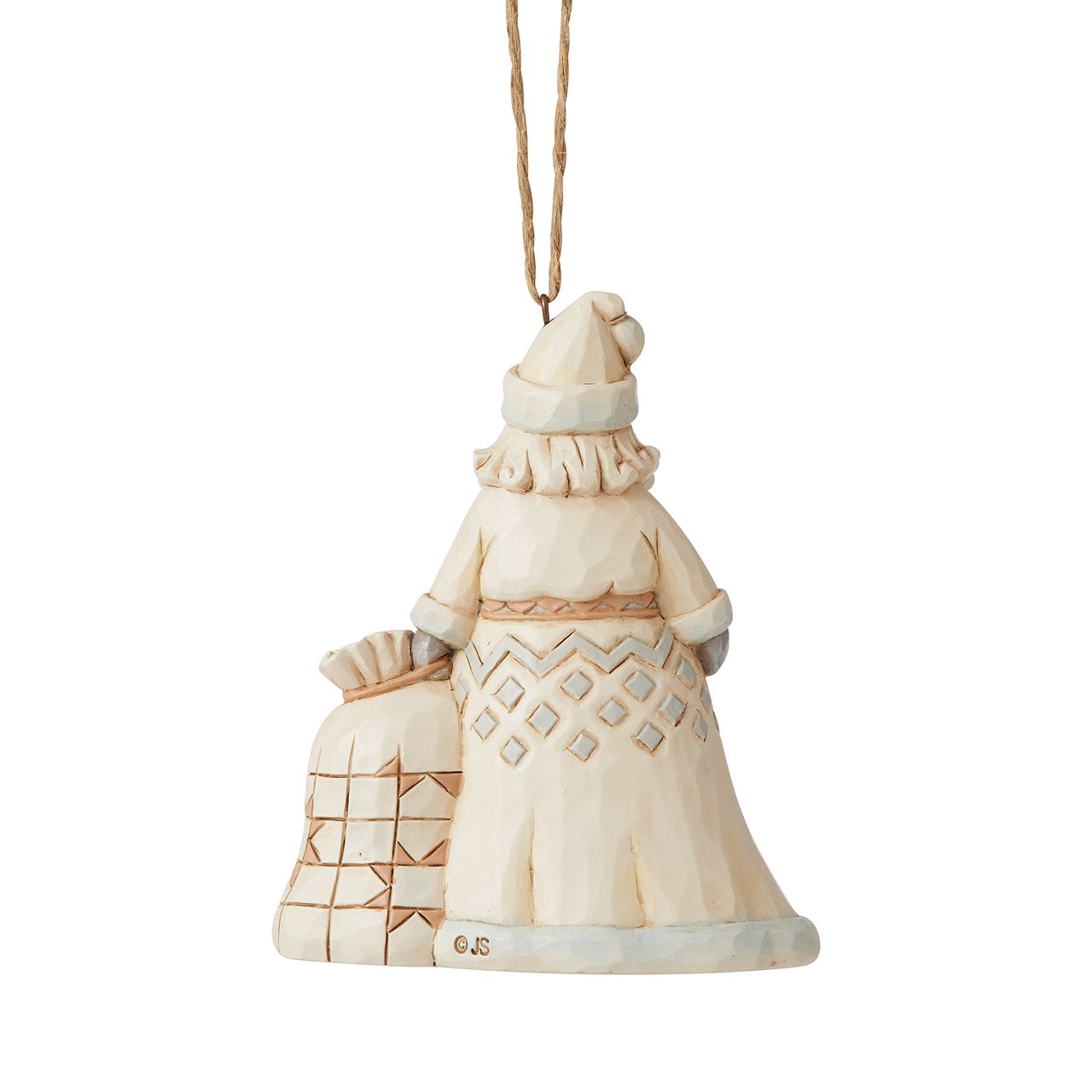 Jim Shore Heartwood Creek White Woodland Santa Hanging Ornament  In muted colors, this cool hued Santa brings grandeur with his deliveries. With a bag heavy with presents, this Christmas hero smiles happily from your tree, admiring the nice boys and girls as they open presents in your home.