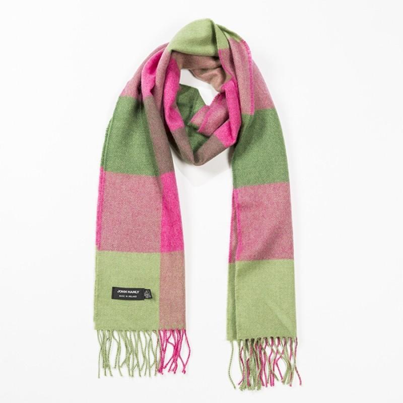 John Hanly Merino Luxury Wool Scarf Pink Green Block