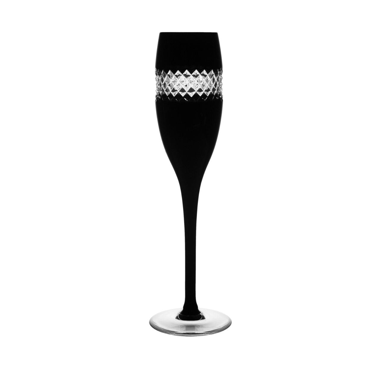 Waterford John Rocha Black Cut Champagne Flute (Single)  Each Black Cut Champagne Flute features a striking black glass finish ensuring they immediately stand out from all other tableware. To top off the slick, dark aesthetic, these designer champagne flutes are contrasted with a diamond design cut glass band running around the bowl.