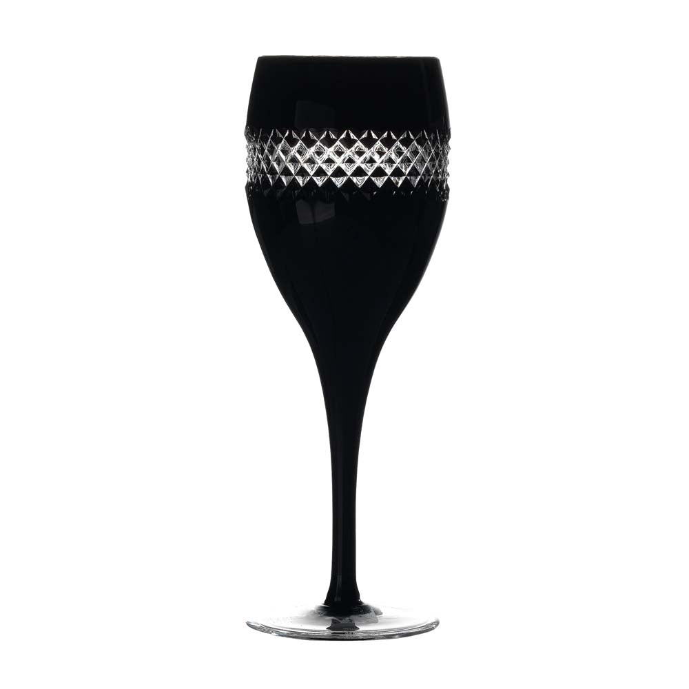Waterford John Rocha Black Cut Wine Glass (Single)  Black Cut by John Rocha for Waterford is crafted from high-gloss black glass with a dramatic band of striking cuts around the rim, showcasing the clear brilliance of fine crystal. 