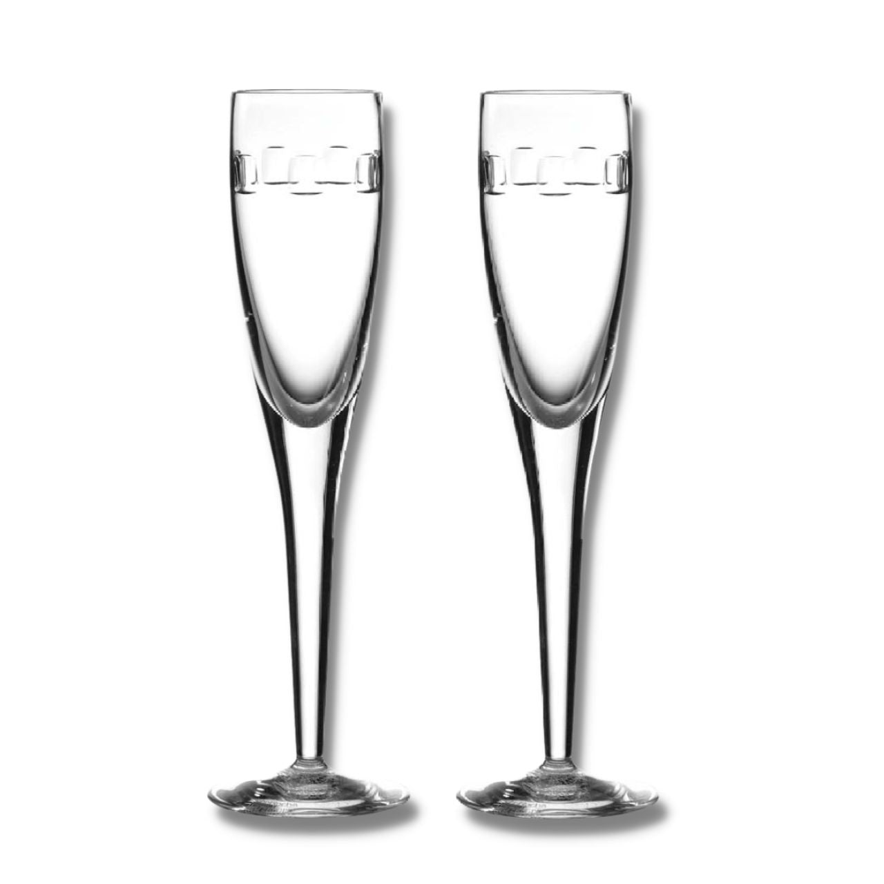 John Rocha Geo Flute Champagne by Waterford Pair - Boxed Pair  John Rocha's Geo collection epitomises his design style - evoking simple elegance and clean, contemporary vision contrasted by a dynamic geometric motif on brilliant crystal. Raise a toast with the tall and slender Geo Champagne Flute, perfect for sparkling wine or spumante and styled with the collection's signature geometric designs.