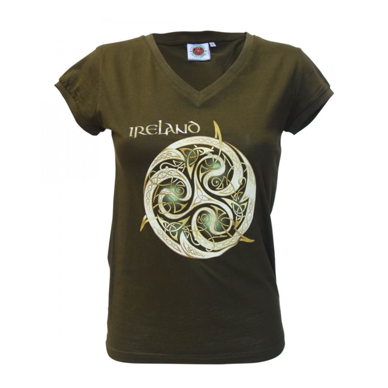 Khaki Celtic Knot V-Neck Ladies T-Shirt  Khaki ladies V-neck cotton T-shirt is a part of the Traditional Craft Official Collection. It is a fitted style and the cream and gold Celtic knot is designed in a gradient print making this a unique style T-shirt.