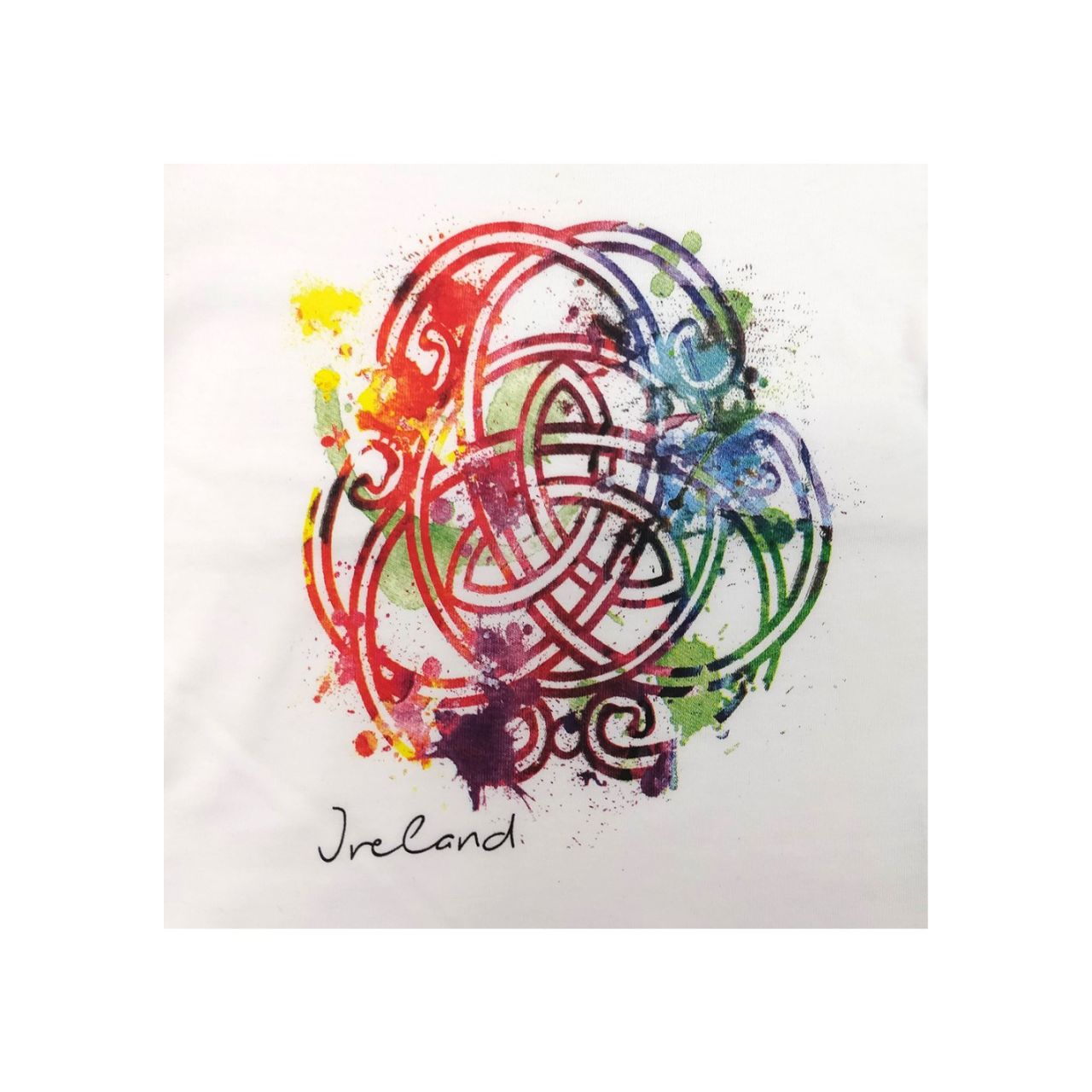 Kids White Coloured Celtic Knot Frilly Sleeves T-Shirt  White cotton kids T-shirt  Fitted style with cute Frilly sleeves and features a colourful printed Celtic knot with a water-colour effect and Ireland logo