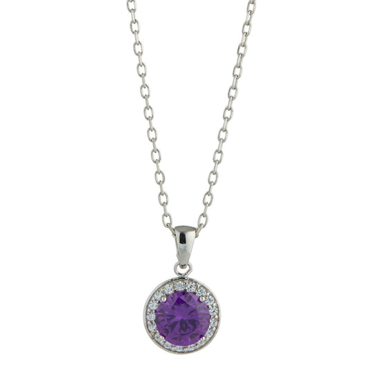 Kilkenny Silver Amethyst Stone Round Pendant  Sterling silver amethyst coloured pendant with clear coloured cubic zirconia stones. Price includes 16 or 18 inch chain.