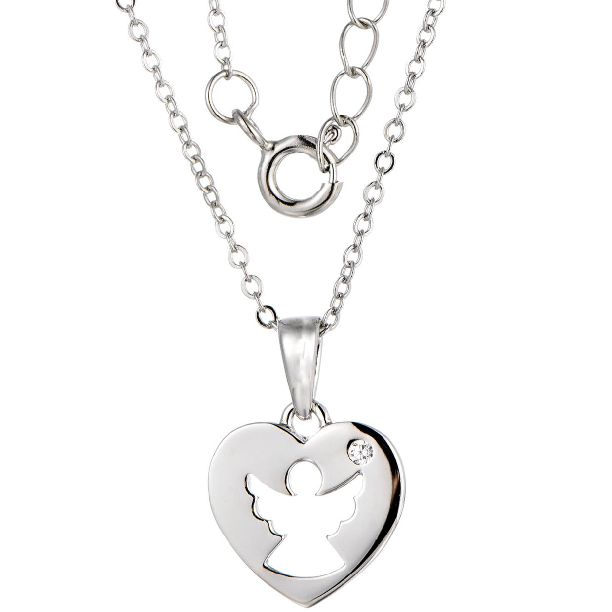 Kilkenny Silver Angel Heart Pendant  Sterling silver angel love heart necklace with cubic zirconia stone.