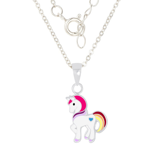 Kilkenny Silver Multi-Coloured Unicorn Pendant  Sterling silver multi-coloured unicorn pendant with 16 inch chain. All our kids jewellery is high quality and hypoallergic.