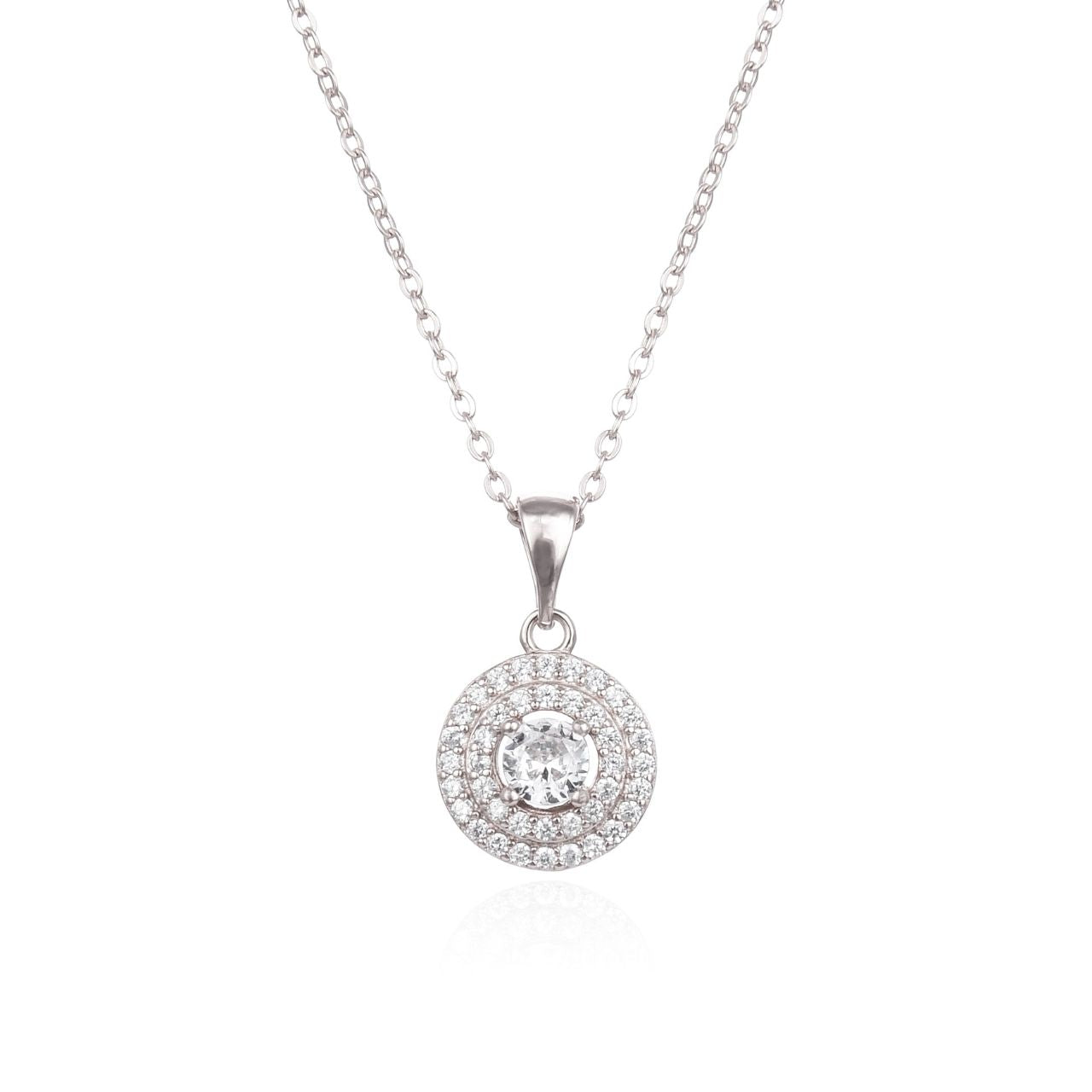 Silver Double Halo Necklace  Sterling silver double halo necklace with cubic zirconia stones.
