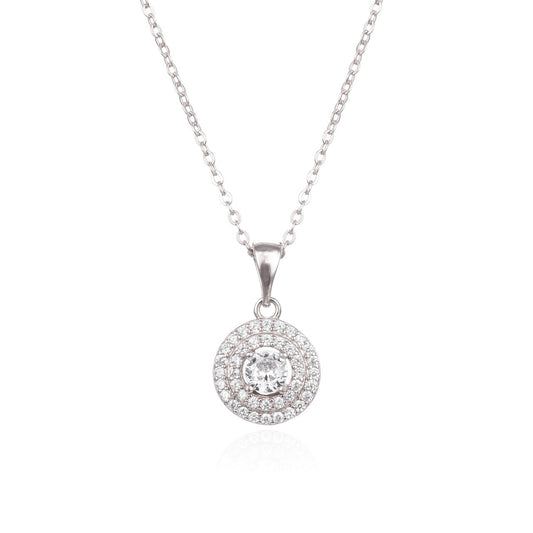 Silver Double Halo Necklace  Sterling silver double halo necklace with cubic zirconia stones.