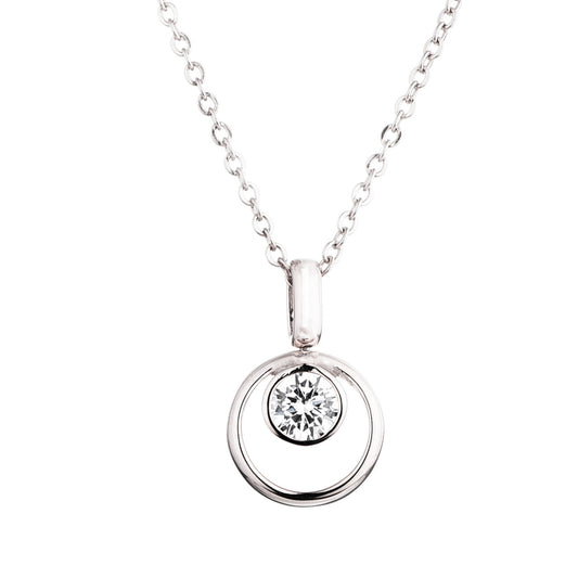 Silver Double Rings Swivel Necklace by Kilkenny Silver  Sterling silver necklace with cubic zirconia stones. The pendant on this necklace has a swivel so it move freely for a more comfortable feeling.