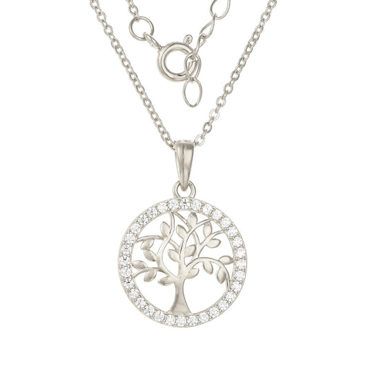 Silver Glistening Tree of Life Necklace by Kilkenny Silver   Sterling silver tree of life necklace surrounded by a rim of cubic zirconia stones.