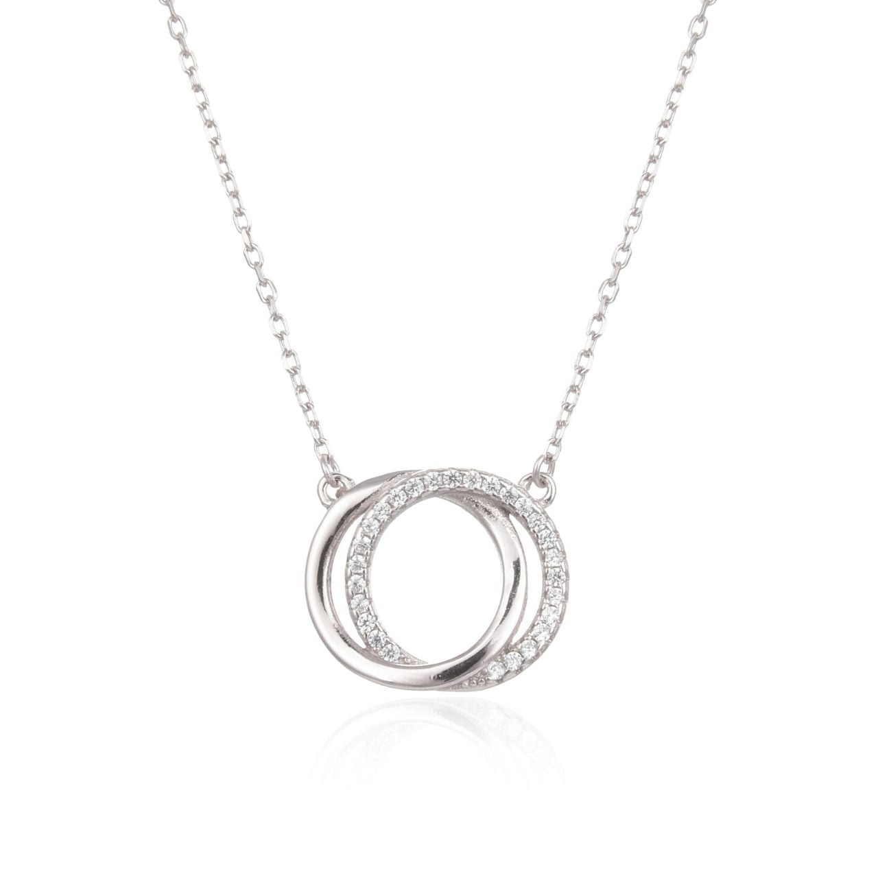 Silver Interlocked Circle Necklace  Sterling silver interlocked circle necklace with cubic zirconia stones.